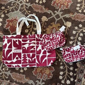 Vuori Red and White Graphic Canvas Tote with Two Matching Pouches